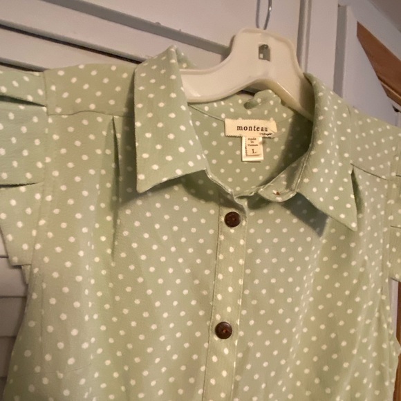 Polka Dot Green Sleeveless Button-Front Midi Dress in Light Green  Monteau - Picture 2 of 6